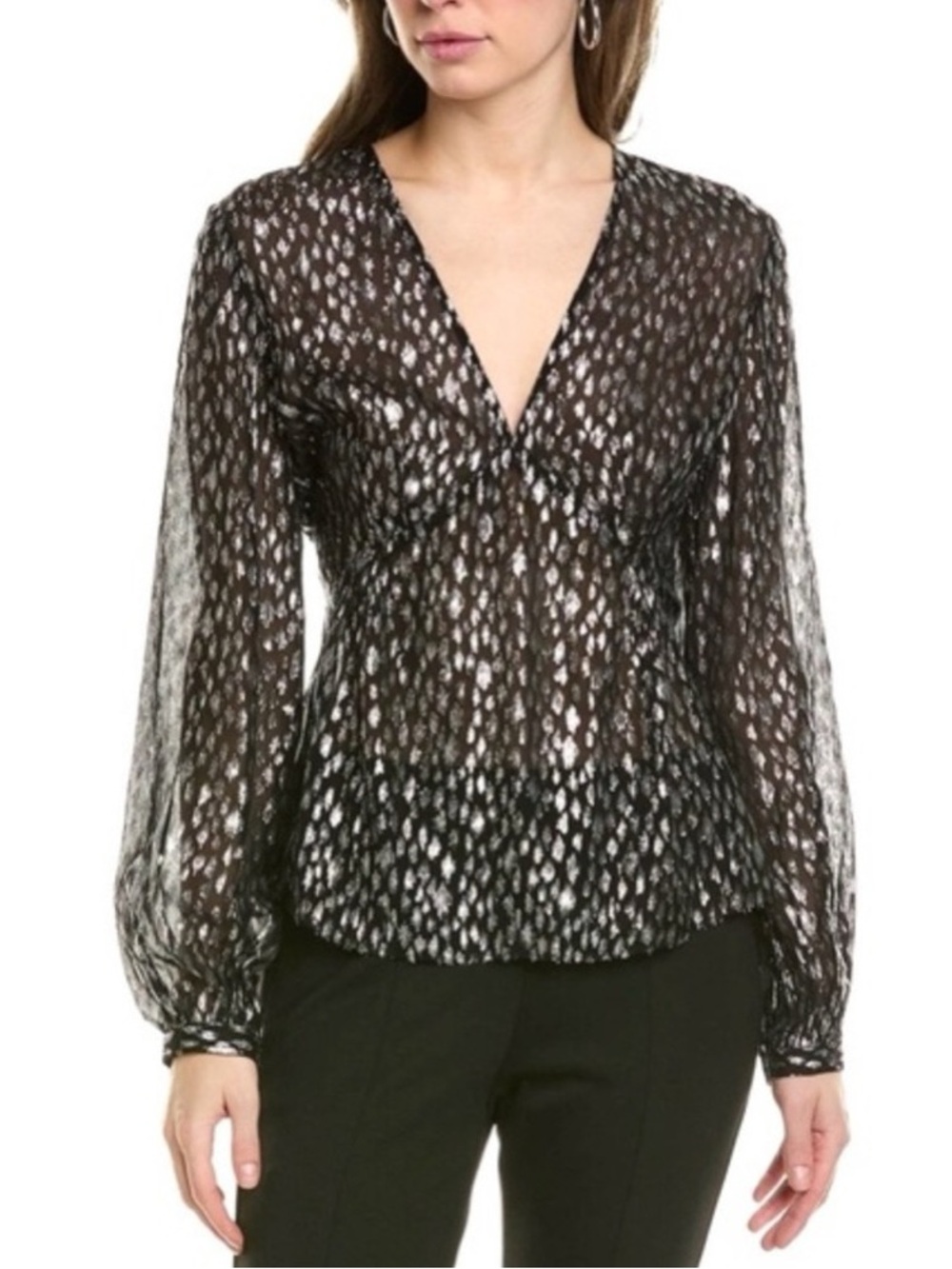 The Kooples Sparking Leo Top Black Sheer V-Neck Metallic Print Blouse Size 0 NWT